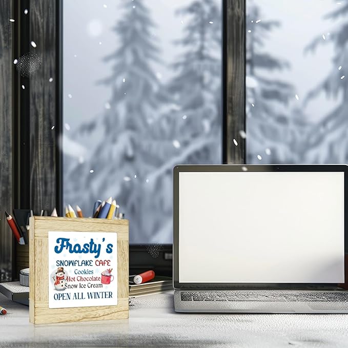Winter Hot Cocoa Bar Sign Winter Snowman Signs for Home Decor Coffee Bar Christmas Decor for Table Frosty's Snowflake Cafe Sign 6 x 6 inches