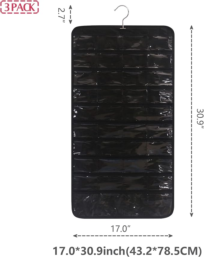 DIOMMELL 3 Pack Hanging Jewelry Organizer with 80 Pockets Jewelry Storage for Earrings Necklace Bracelet Ring Accessory, Black