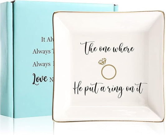 Engagement Gifts for Women Ring Dish Tray - Bride to Be Newly Engaged Gifts-The One Where He Put A Ring On It - Funny Wedding Gift