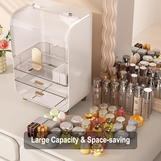 Makeup Storage Box with 2-Tier Drawer and Transparent Cover for Countertop Storage, Makeup Organizer for Skincare, Clear Cosmetic Display Case for Vanity (Avocado Green)