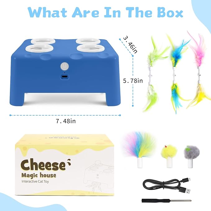 Interactive Cat Toy for Indoor Cats, 3 Modes Feathers Toy, Rechargeable 4 Holes Mole Cat Toys, Cheese Box for Kitten, 6 Accessories (Blue)