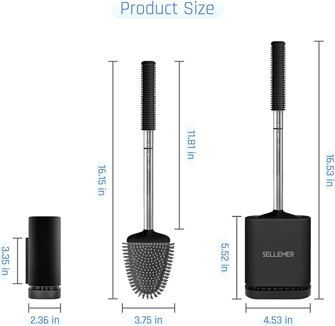 Sellemer Toilet Brush and Holder Set - Flexible Toilet Bowl Brush Head with Silicone Bristles, Compact Size for Storage and Organization, Ventilation Slots Base (3 Pack, Black)