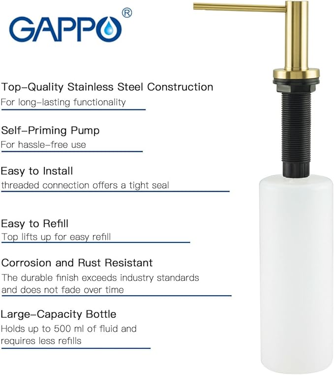 Kitchen Sink Soap Dispenser Champagne Gold Stainless Steel GAPPO Countertop Pump Hand Lotion Built in Bottle
