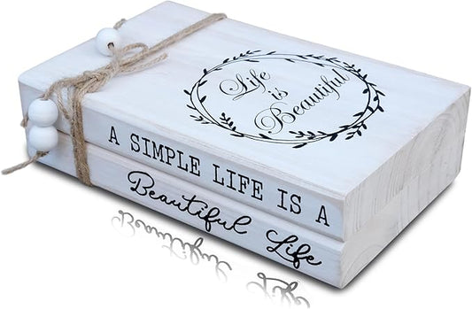 LIVDUCOT Decorative Books for Home, White Faux Books for Decoration, Rustic Farmhouse Display Wood Book Stack Coffee Table Decor Set of 2 (A Simple Life Is A Beautiful Life)