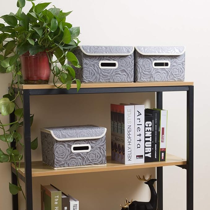 PRANDOM Stackable Storage Boxes with Lids [5-Pack] Fabric Decorative Storage Bins Cubes Organizer Containers Baskets with Cover Handles Divider for Bedroom Closet Living Room Grey 9.8x7.9x6.7 Inch