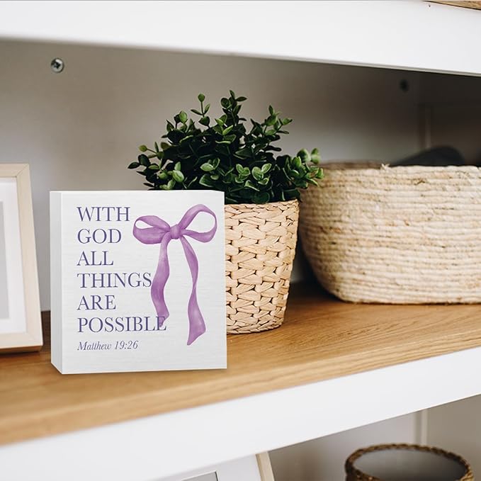Purple Bow Room Bedroom Bathroom,Purple Decor,Inspirational Bible Verses Decorations Butterfly Decorations for Teen Girls Gifts Wooden Box 5 x 5 Inch