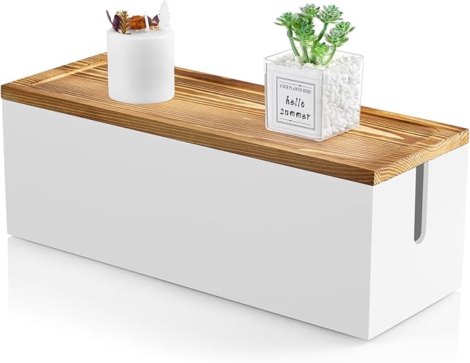 Large Cable Management Box, Wooden Cord Organizer Box for Desk, Floor, Office to Hide Extension Cords Power Stripes Surge Protectors Chargers Wires, White