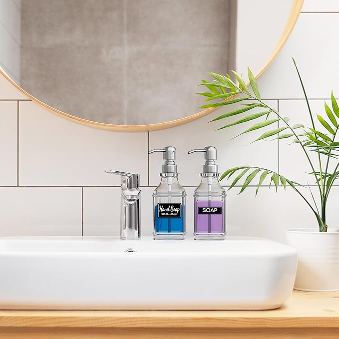 Soap Dispenser - 2 Pack, Antique Design Thick Glass Hand Soap Dispensers with Sturdy Tray; 304 Rust Proof Stainless Steel Silver Pump, 12Pcs Stickers, for Kitchen, Bathroom