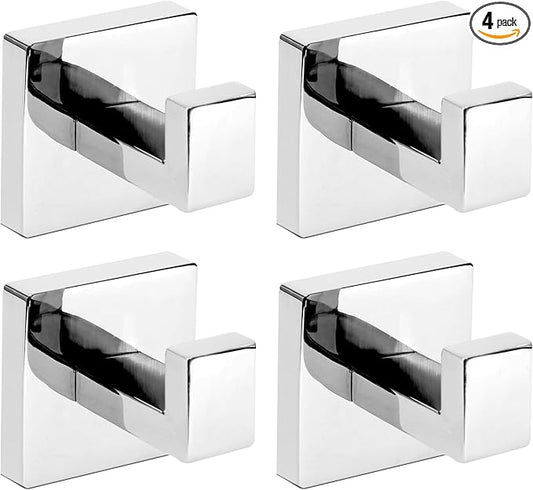 IBosins 4 Pack Towel Hooks Hand Towel Holder for Bathroom Wall Livingroom Bedroom Kitchen Closet Heavy Duty Stainless Steel Hook Hanger for Robe, Bath Towel, Coat (Square Polished Chrome)