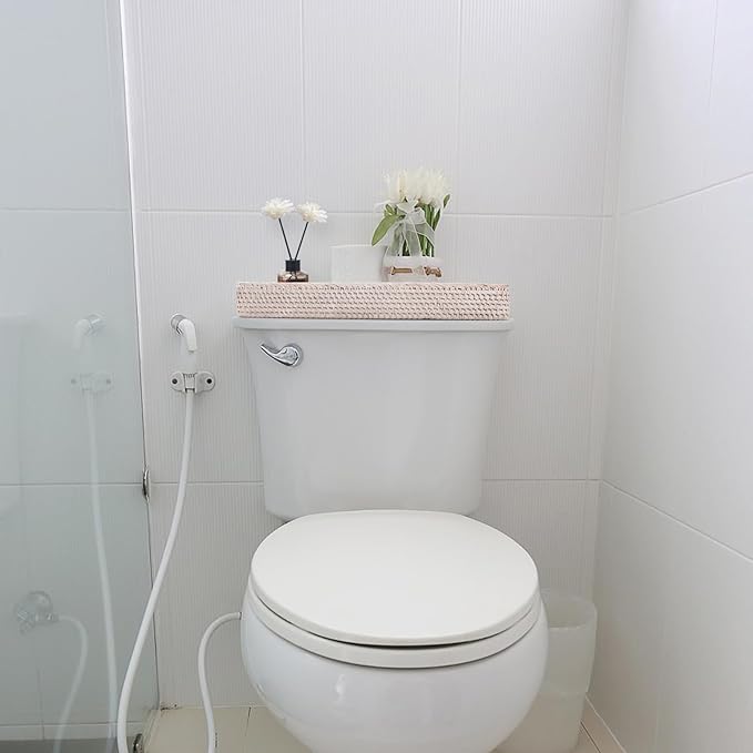 Rattan Bathroom Vanity Tray, Toilet Tank Basket Tray for Paper Hand Towel, Bathroom Counter Tray for Organizing and Decor (Whitewash, 16.3" x 6.1" x 2")