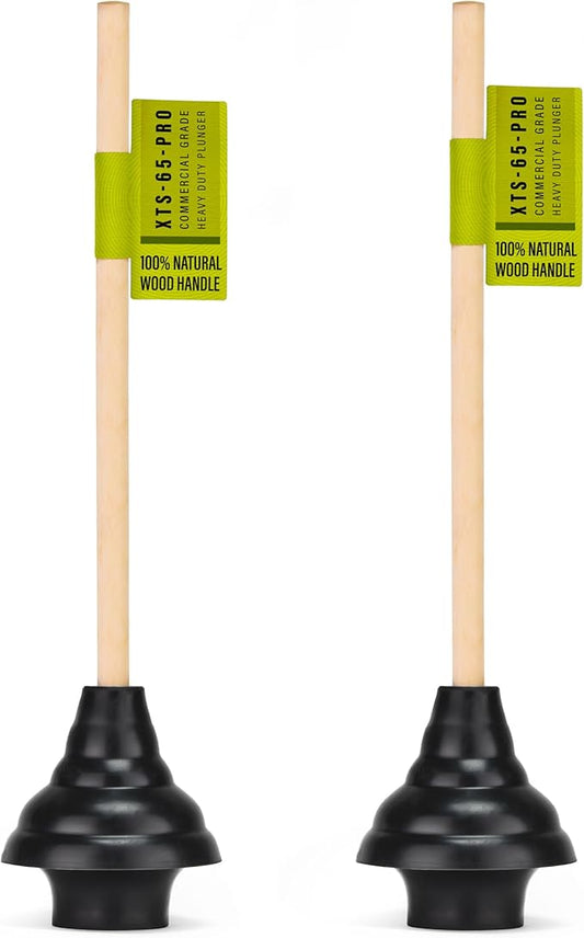 SteadMax XTS-65-PRO Heavy Duty Toilet Plunger, Commercial Grade, Powerful Double Thrust Force Rubber Cup with Wood Handle, for Clogged Bathroom, Shower, and Kitchen, 2 Pack (22" x 5.75")