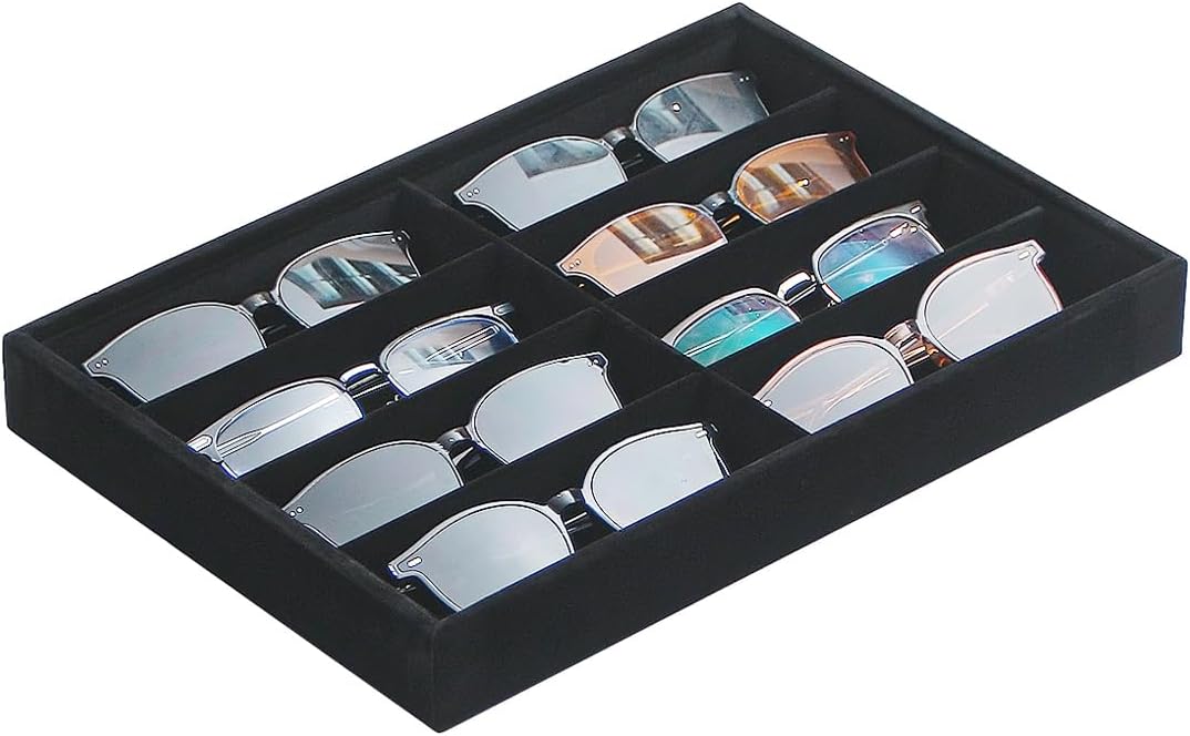 Coward Sunglass Organizer, Black Velvet Glasses Trays, Eyeglasses Watches Jewelry Display - Men Women (8 Grids)