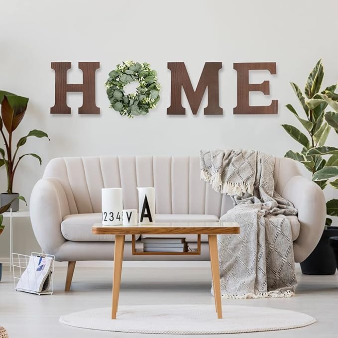 Wooden Home Sign Wall Hanging Decor - Wood Letters for Wall Art with Artificial Eucalyptus Wreath Rustic Home Decor Farmhouse, Wall Decor for Living Room Kitchen Housewarming Gift (Brown)