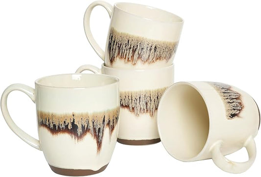 Bosmarlin Ceramic Coffee Mug Set of 4, 17 Oz, Stoneware Coffee Cups with Big Handle, Microwave Safe, Unique Reactive Glaze(17 Oz, Beige)