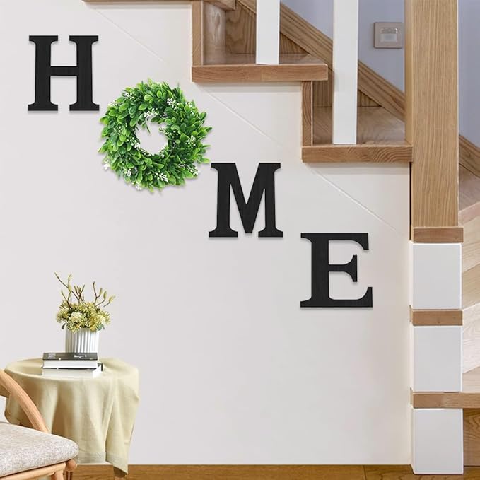 Wooden Home Sign with Artificial Green Wreath for O, Hanging Farmhouse Wall House Decor Wood Letters for Wall Art Rustic Home Decor, Wall Decor for Living Room Kitchen Entryway (Black)