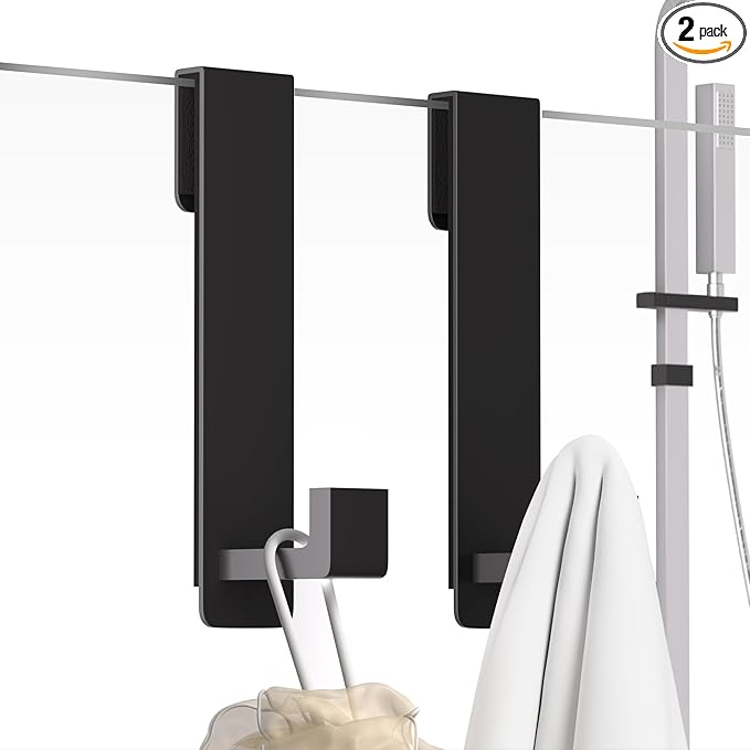 PMMASTO Shower Door Hooks, (7.5 Inch) Extended Towel Hooks for Bathroom Frameless Glass Shower Door, Stainless Steel Heavy Duty Hooks for Hanger Robe,Towel (Black ''L'' Shape 2 Pack)