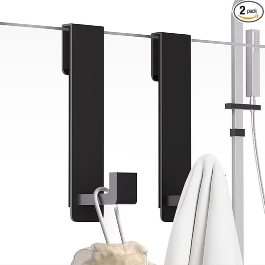 PMMASTO Shower Door Hooks, (7.5 Inch) Extended Towel Hooks for Bathroom Frameless Glass Shower Door, Stainless Steel Heavy Duty Hooks for Hanger Robe,Towel (Black ''L'' Shape 2 Pack)