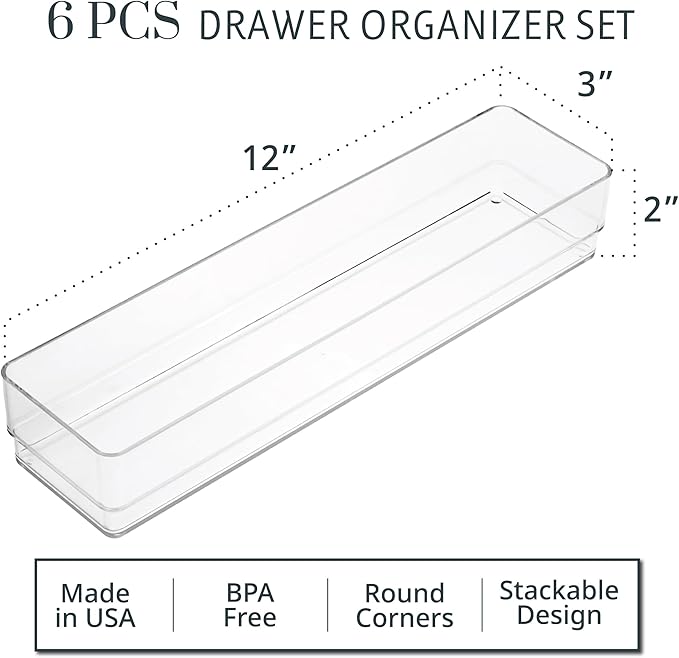 STORi SimpleSort 6-Piece Stackable Clear Drawer Organizer Set | 12" x 3" x 2" Rectangle Trays | Narrow Makeup Vanity Storage Bins and Office Desk Drawer Dividers | Made in USA