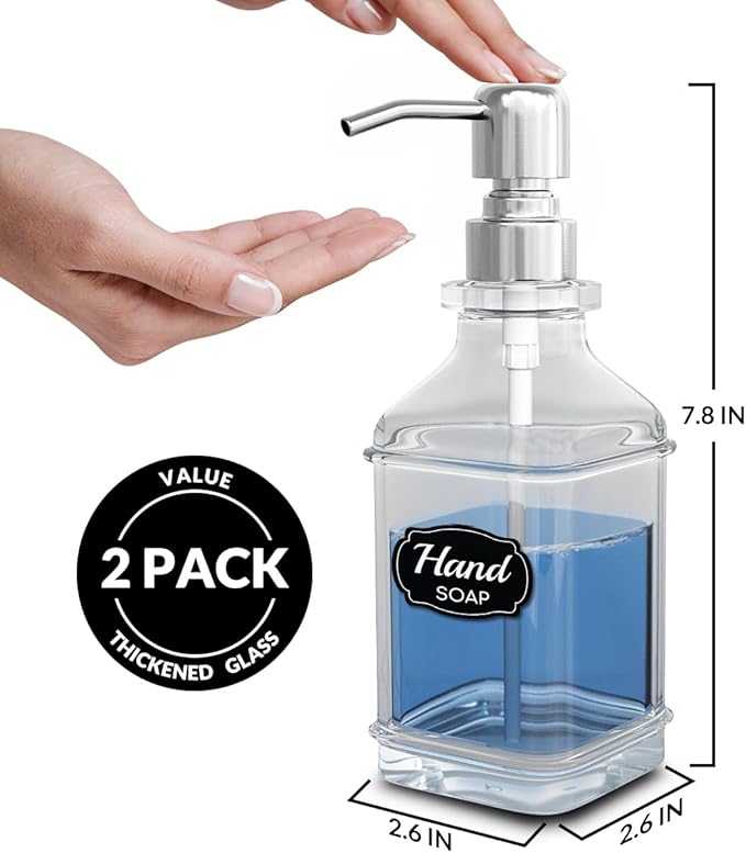 Soap Dispenser - 2 Pack, Antique Design Thick Glass Hand Soap Dispensers with Sturdy Tray; 304 Rust Proof Stainless Steel Silver Pump, 12Pcs Stickers, for Kitchen, Bathroom