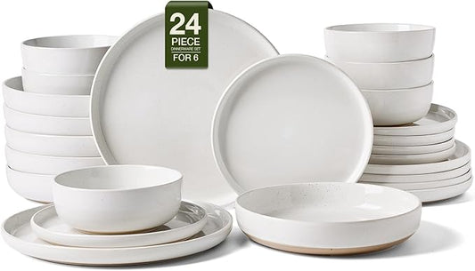 Famiware Milkyway Stoneware Dinnerware Sets with Pasta Bowls, Service for 6 (24 Pieces), Plates and Bowls Sets -Scratch Resistant, Microwave and Dishwasher Safe Dishes Set, White
