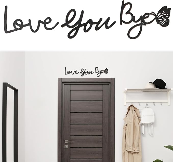 21.6" Love You Bye Wood Sign, Above Door Home Wall Boho Decor Plaque, Black Modern Simplicity Decoration for Front Door Entryway Living Room Aesthetic, Show Your Love and Warm for Your Family (Butterfly)