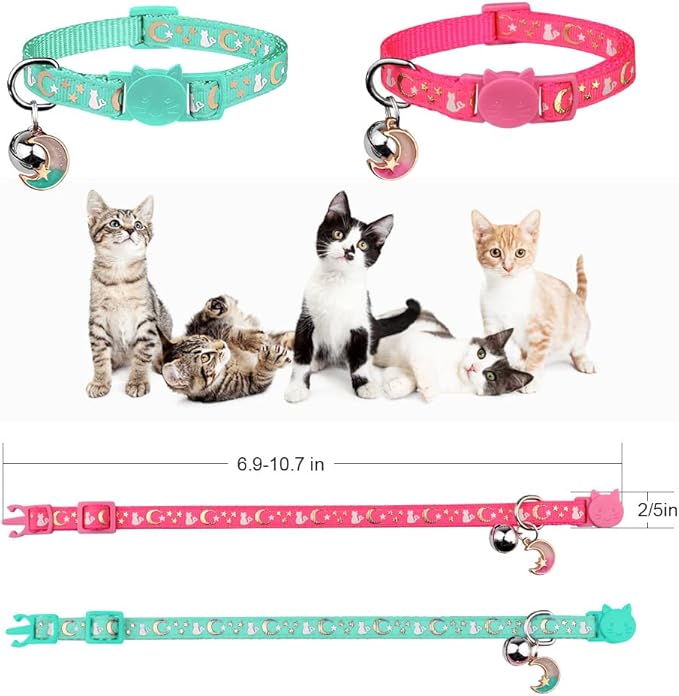 Baeuppit 2PCS Breakaway Cat Collars with Bell Moons Stars Cute Kitty Adjustable Safe Kitten Collars with Pendant Glow in The Dark(Pink&Teal)