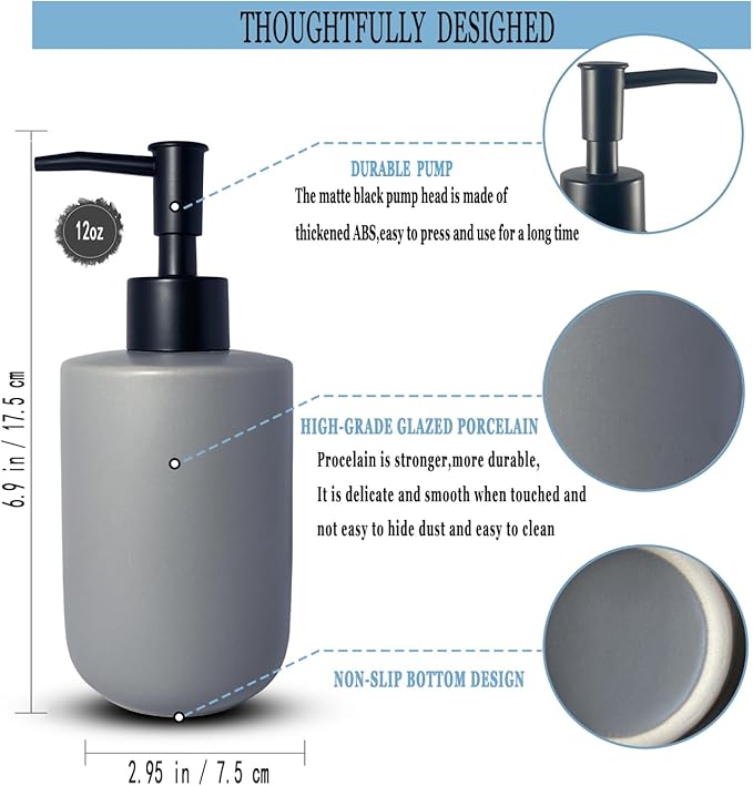 Gray Soap Dispenser with Matte Black Pump for Bathroom,Minimalist Modern Design Cylindrical Lotion Dispenser,12oz Ceramic Hand Dish Soap Dispenser,Refillable Liquid Dispenser for Kitchen (Gray)