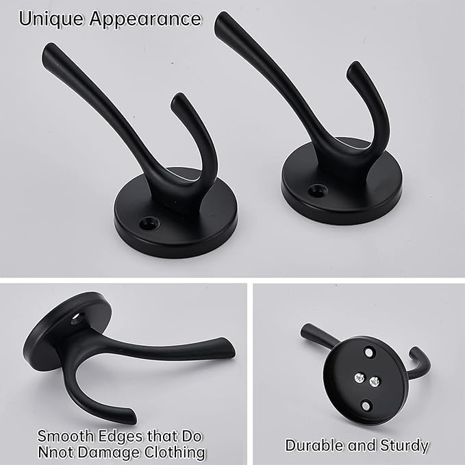 4 Packs Black Coat Hooks, Decorative Double Prong Metal Closet Hooks for Hanging Towels, Robes in Bathrooms, Kitchen