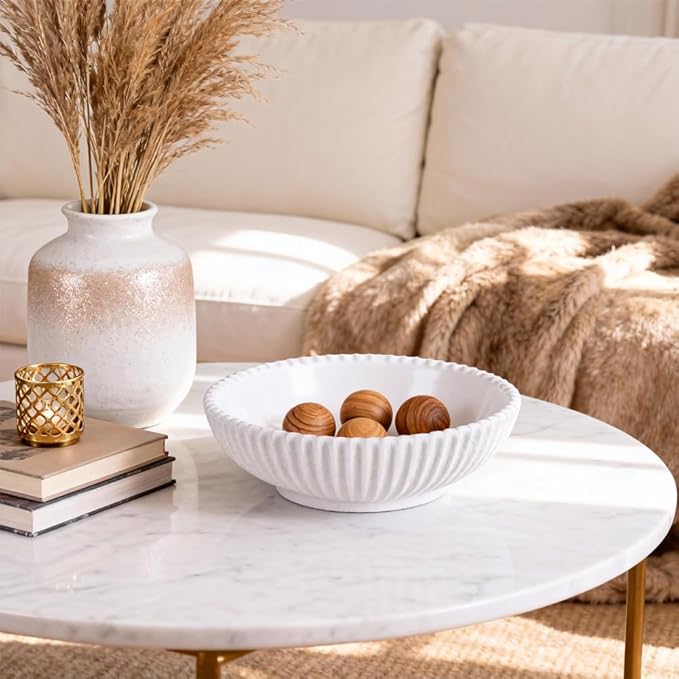 Resin Large Decorative Pedestal Bowl for Home Decor - White Ribbed Fruit Bowl For Kitchen Counter Or Table Decor - Key Bowl for Entryway Table Decor - Centerpiece Bowls for Keys, Fruit, Candy