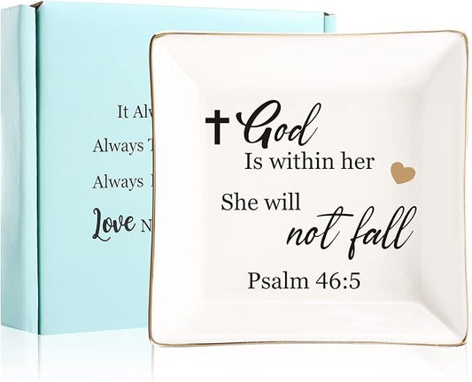Religious Gifts for Women Christian-Ceramic Ring Dish -God is Within Her She Will Not Fall, Christian Gifts for Mom Sister Aunt