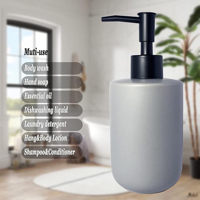 Gray Soap Dispenser with Matte Black Pump for Bathroom,Minimalist Modern Design Cylindrical Lotion Dispenser,12oz Ceramic Hand Dish Soap Dispenser,Refillable Liquid Dispenser for Kitchen (Gray)