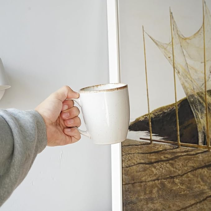 Bosmarlin Ceramic Coffee Mug Set of 4, 17 Oz, Coffee Cups with Big Handle, Microwave Safe, Unique Reactive Glaze (White, 17 Oz)