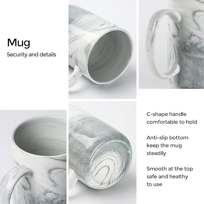 Smilatte 14 OZ Marble Coffee Mugs, M068 Novelty Marble Ceramic Cup for Home and Office, Microwave Dishwasher Safe, Set of 4, Gray