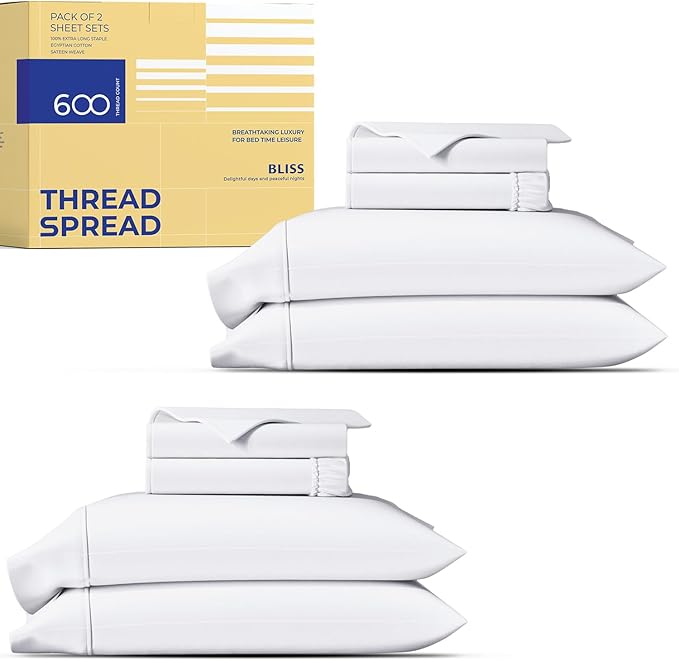 THREAD SPREAD 100% Egyptian Cotton Sheet Set Pack of 2 Full Size - 600 Thread Count White Luxury Sheet Full Size, Soft, Cooling Hotel Luxury Bed Sheets, Fits Mattress Upto 18"