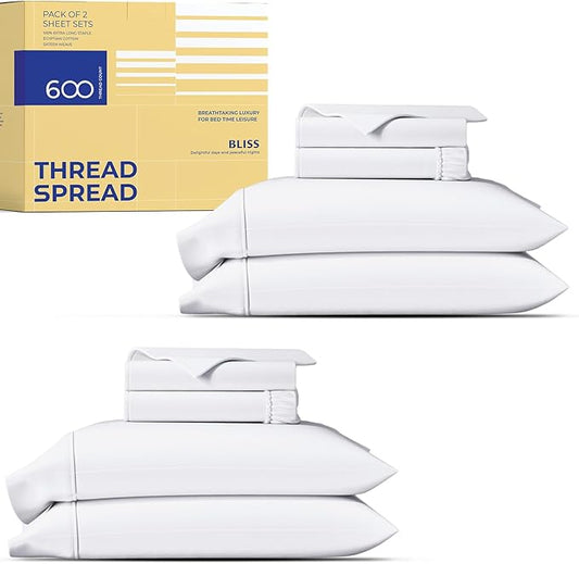 THREAD SPREAD 100% Egyptian Cotton Sheet Set Pack of 2 Full Size - 600 Thread Count White Luxury Sheet Full Size, Soft, Cooling Hotel Luxury Bed Sheets, Fits Mattress Upto 18"