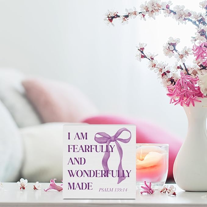 Purple Decor,Purple Bow Room, Bedroom, Bathroom Decor, Inspirational Bible Verses Decorations Butterfly Decorations for Teen Girls Gifts Wooden Box 5 x 5 Inch