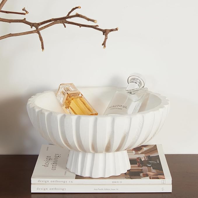 DN DECONATION White Wooden Decorative Bowl with Stand, 11.22" Wood Fruit Candy Key Holder Bowl for Centerpiece Home Room Decor Farmhouse Shelf Coffee Table Entryway