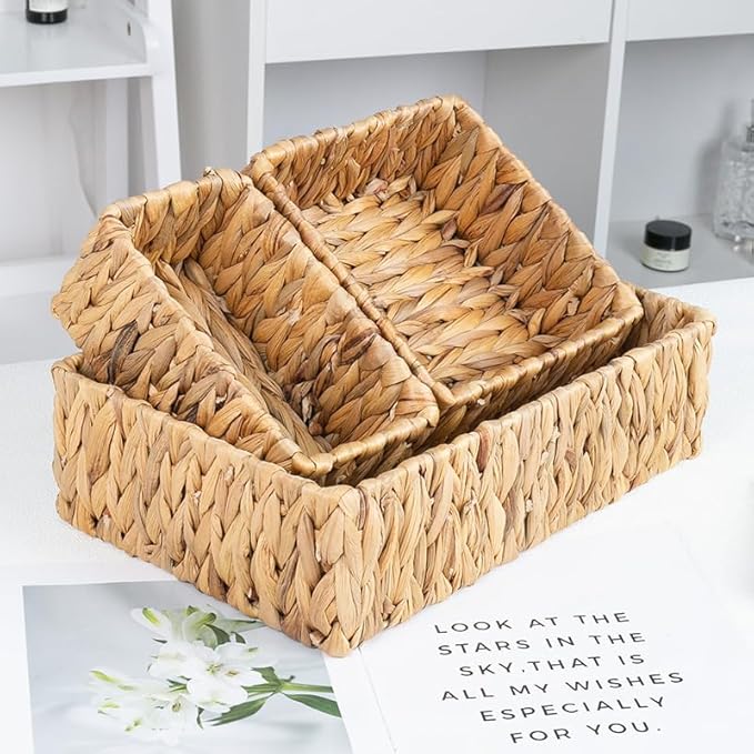 3 Pack Wicker Storage Basket, Natural Woven Water Hyacinth Storage Basket for Shelf Organizing