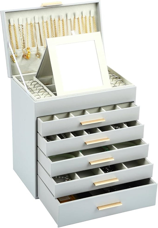 BOOVO Jewelry Box with Necklace Hanger – 6 layer Jewelry Organizer for Women with 5 Drawers, Large Jewelry Storage Boxes –Jewelry Organizers and Storage for Earrings, Necklaces (Grey, 6 layer)