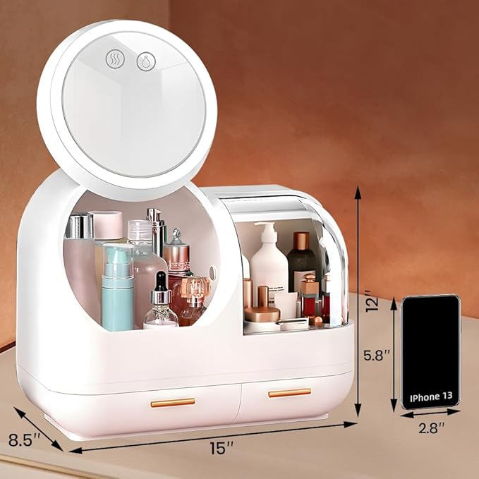Large Makeup Organizer with Led Light and Mirror - 15" L×8.5" W×12" H Cosmetic Display Case with Fan, Desktop Makeup Box with Drawers, Skincare Storage Box for Vanity Countertop Bathroom, White