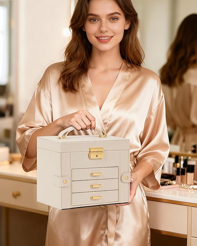 TORIBIO Jewelry Box for Women, Leather Jewelry Organizer with Mirror & Lock, 4-Tier Jewelry Storage Organizer with 3 Drawers for Girls/Women/Mothers, Necklace Earring Bracelets Holder Organizer