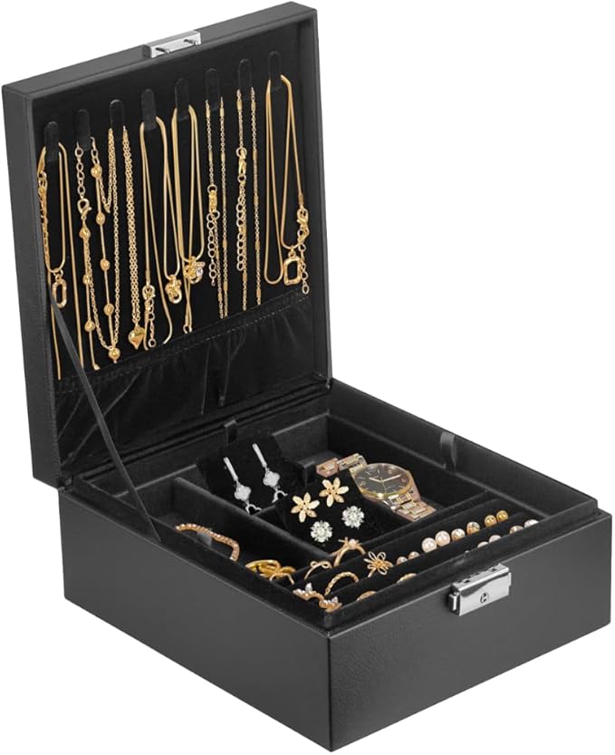 2 Layer Jewelry Box, Jewelry Organizer For Woman, Men & Girls Large Case 8.5x7.5x3.3in | PU Leather Jewelry Gift Storage Boxes For Ring, Necklace & Bracelet With Lock (Black)