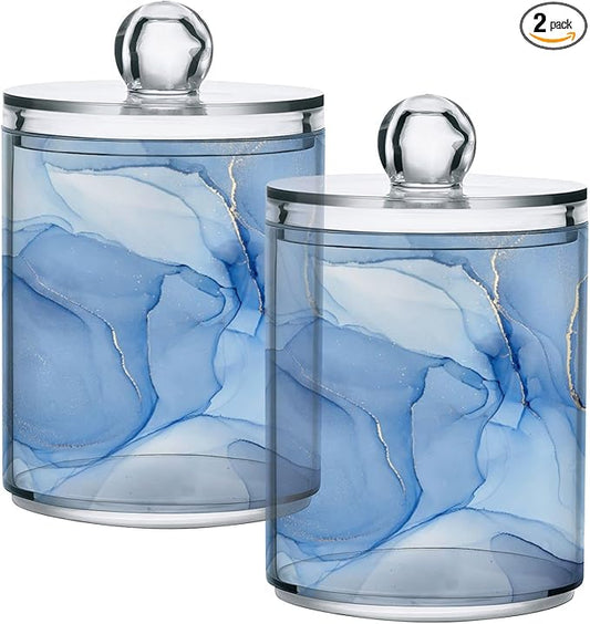 2 Pack Qtip Holder Dispenser Blue Marble Bathroom Storage Canister Lid Acrylic Plastic Apothecary Jar Set Vanity Makeup Organizer for Cotton Swabs/Pads/Floss