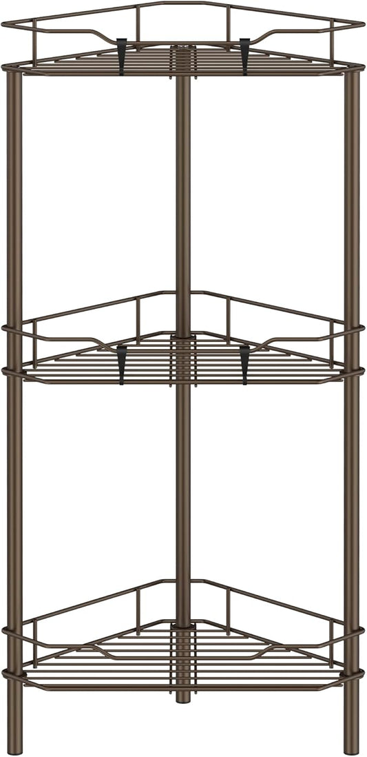 3 Tier Floor Standing Corner Shower Caddy Organizer Shelf with Hooks, Bathroom Shelves Stand Rack, Bronze
