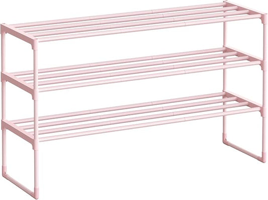 SONGMICS Shoe Rack, 3-Tier Shoe Organizer, Metal Storage Shelf, Upright or Upside Down, for 16-20 Pairs, Stackable, for Entryway, 11.8 x 36.2 x 21.7 Inches, Jelly Pink ULSA303S01