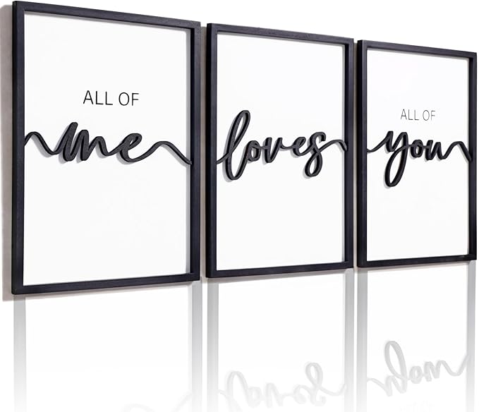 3D Wood All of Me Loves All of You Sign Bedroom Wall Decor 36x16”, Above Bed Wall Decor for Couple Bedroom Decor(12x16 inches, Set of 3, Framed)