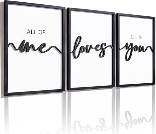 3D Wood All of Me Loves All of You Sign Bedroom Wall Decor 36x16”, Above Bed Wall Decor for Couple Bedroom Decor(12x16 inches, Set of 3, Framed)