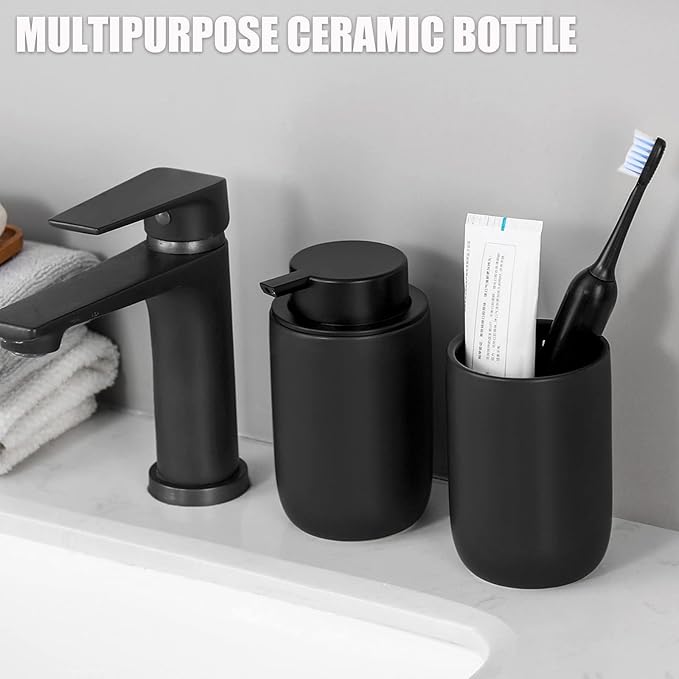 Hand Soap Dispenser for Bathroom Decro, Ceramic Liquid Pump Bottles Refillable Dish Dispenser for Kitchen Farmhouse Colleage Dorm, Matte Black 2 Pack