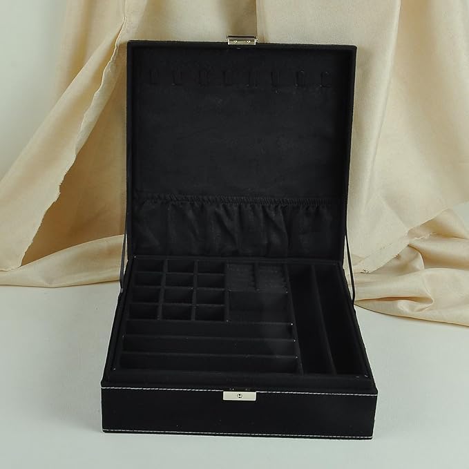 Jewelry Boxes 10 x 10 Inches 2-layer Handle Necklace Holder Organizer Jewellery Women Rings Storage Display Girls Earrings Case Lockable Jewelry Tray GY641 (Black)