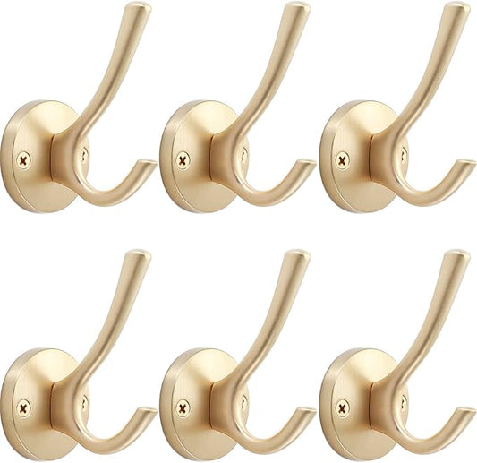 Gold Wall Hooks, 6 Pack Coat Robe Hook Heavy Duty Metal Double Bath Hook Wall Mounted, Hand Towel Hooks for Cubicle Bathroom Kitchen Closet Garage